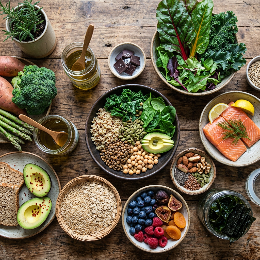 Bowls and plates of vegetables, fruits, grains, nuts, fish, seeds, and honey arranged on a wooden surface